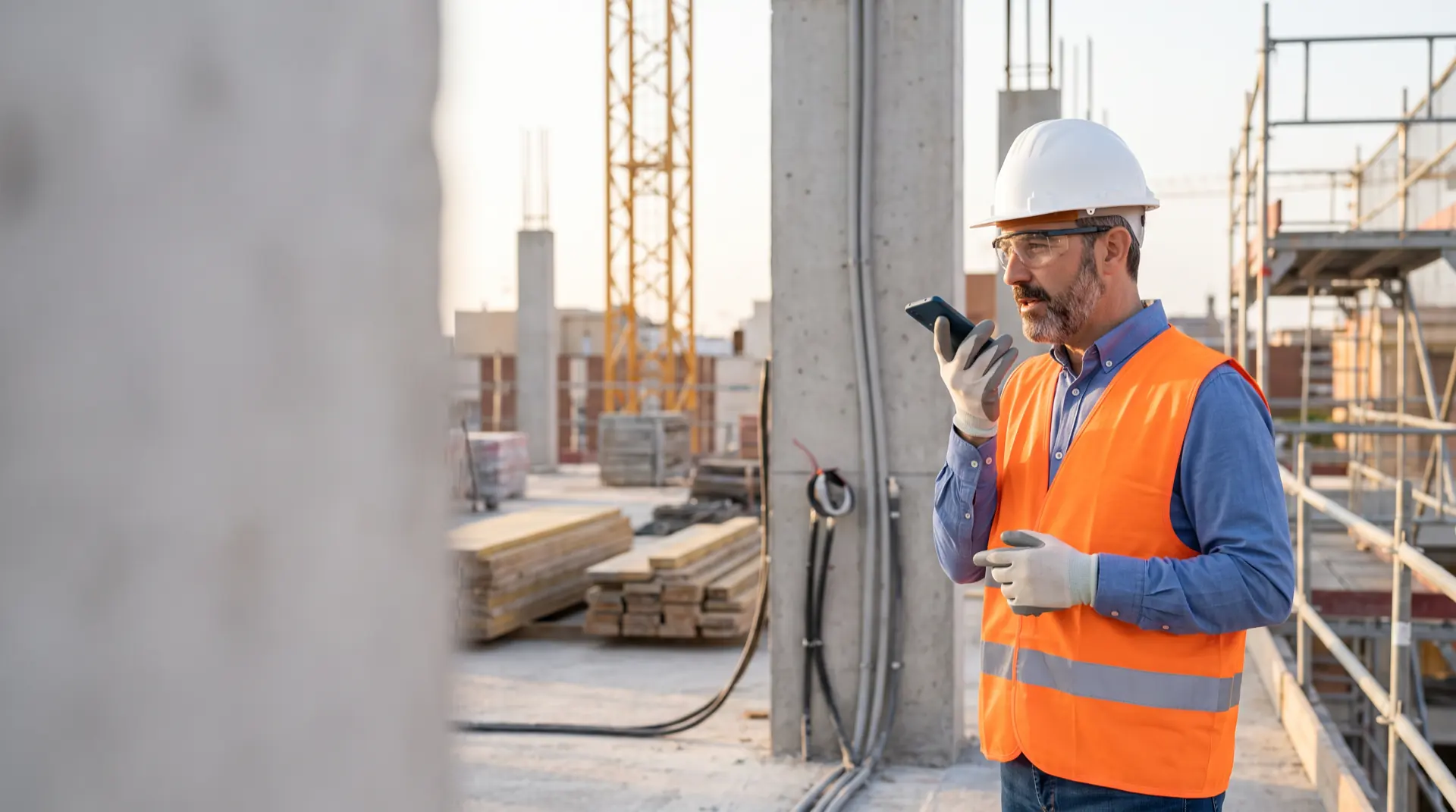 Jefe de obra con casco y chaleco reflectante grabando una nota de voz en una obra en construcción