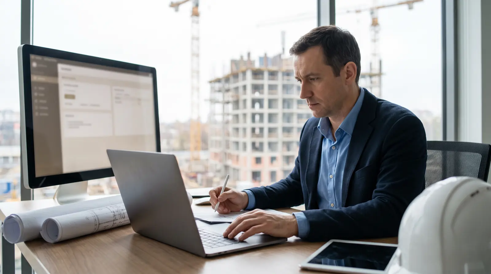 Responsable de operaciones de una empresa constructora revisando la información de sus obras en la oficina