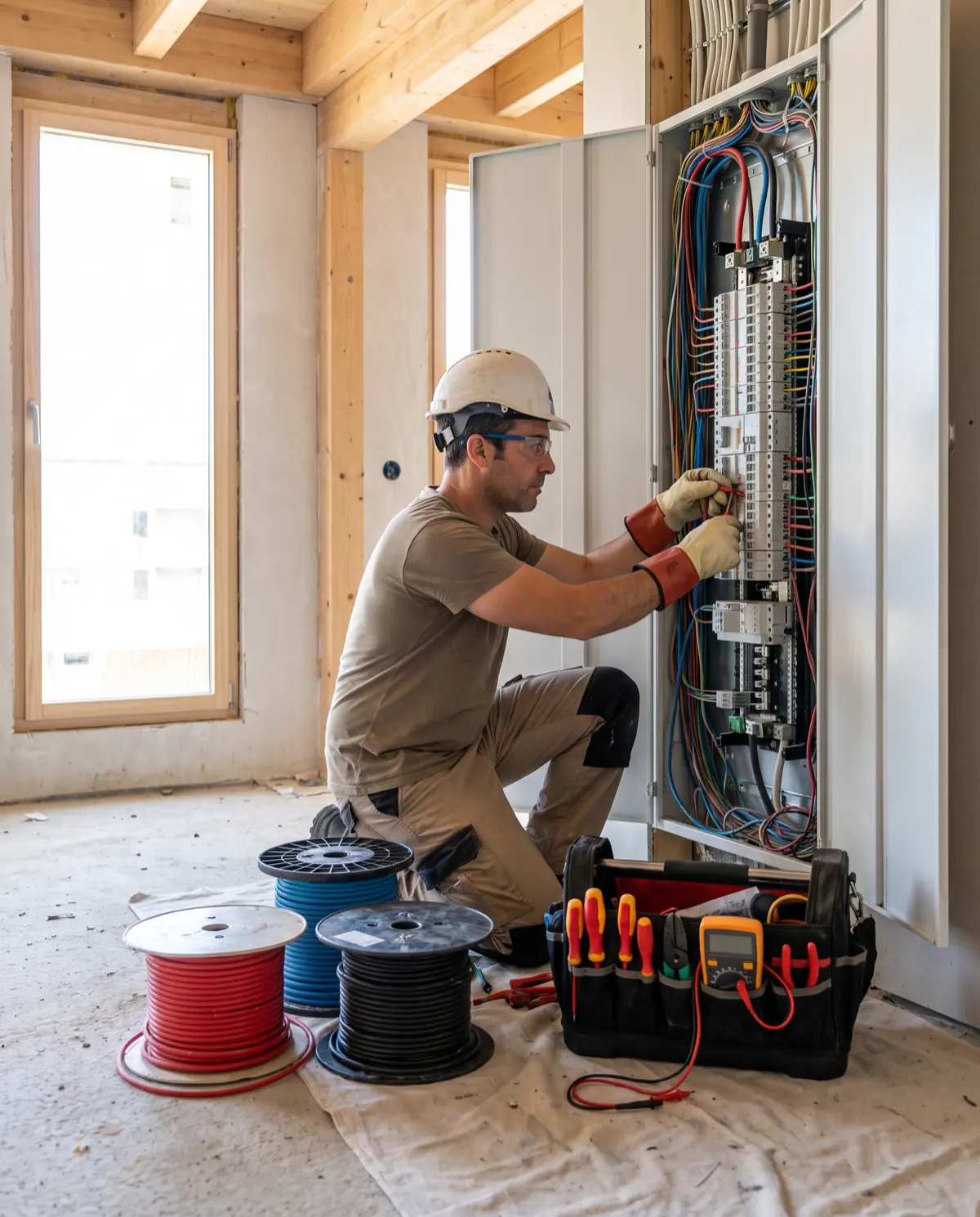 Electricista con casco y guantes aislantes trabajando en un cuadro eléctrico de una vivienda en obra