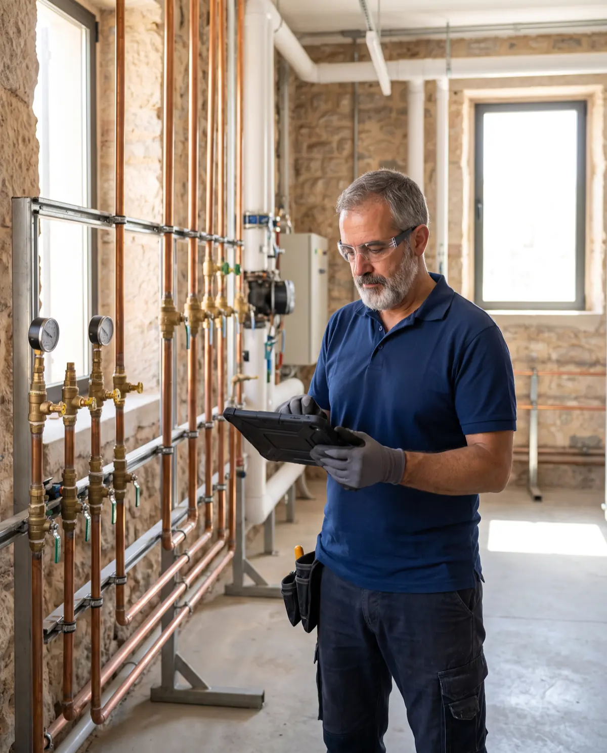 Técnico de fontanería y climatización revisando una instalación de tuberías con una tableta
